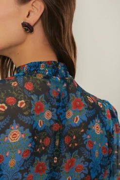 Arabesque Floral Blue High Neck Mini Dress