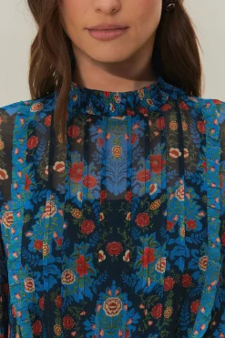 Arabesque Floral Blue High Neck Mini Dress