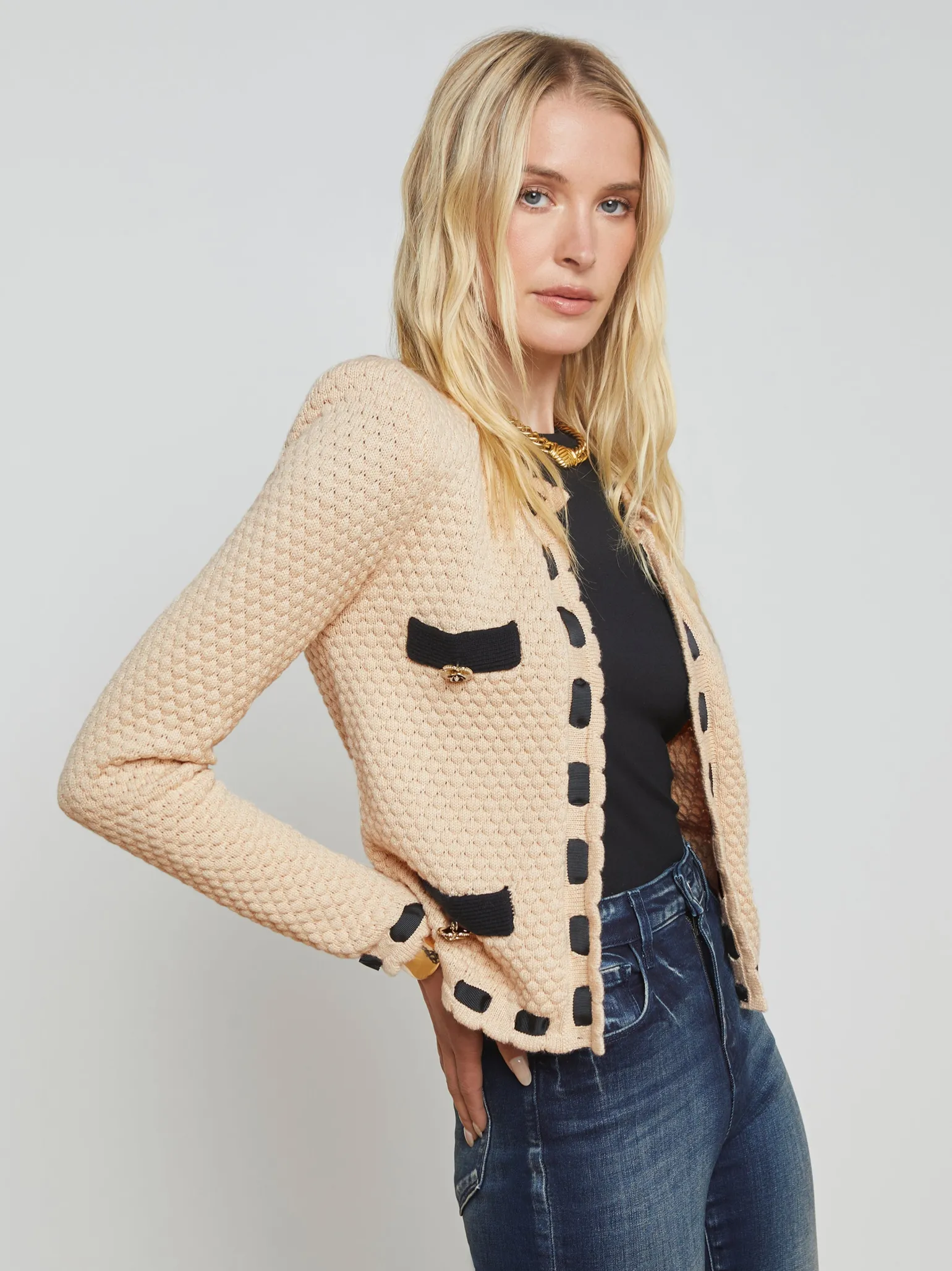 Astor Contrast Trim Cardigan Biscuit/Black