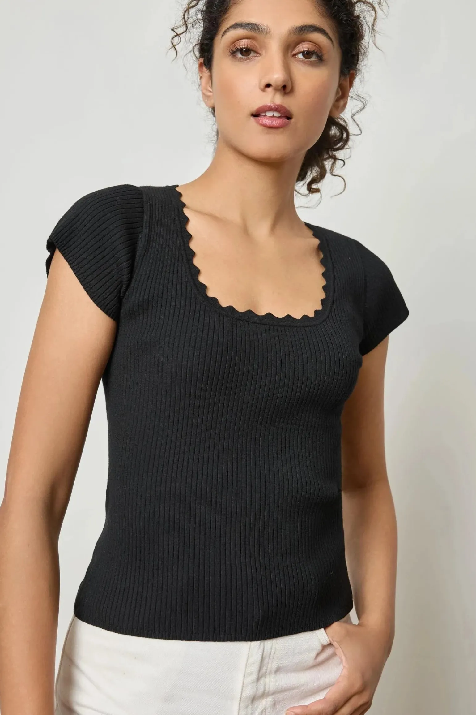 Cap Sleeve Scallop Neck Sweater Black