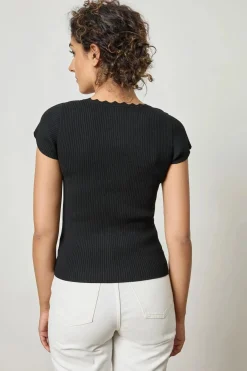 Cap Sleeve Scallop Neck Sweater Black