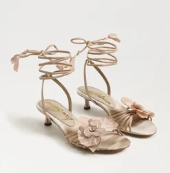 Carla Lace Up Kitten Heel Ecru Beige Silk