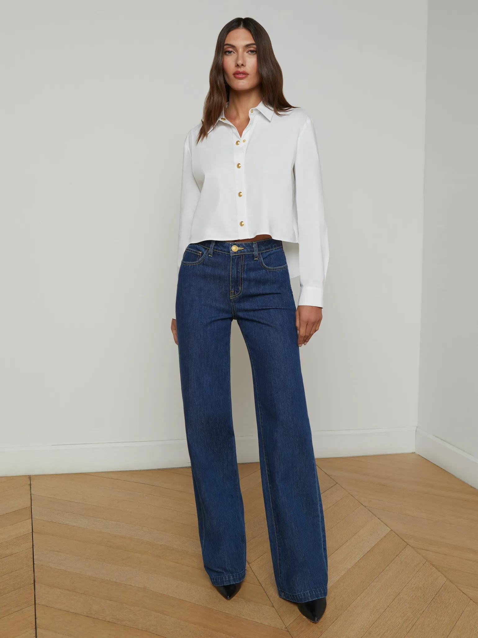 Cosette Crop Button Down Shirt White/Gold
