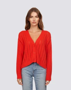 Cropped V-Neck Cardi Pointelle Ladder Stitch Apple