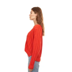 Cropped V-Neck Cardi Pointelle Ladder Stitch Apple