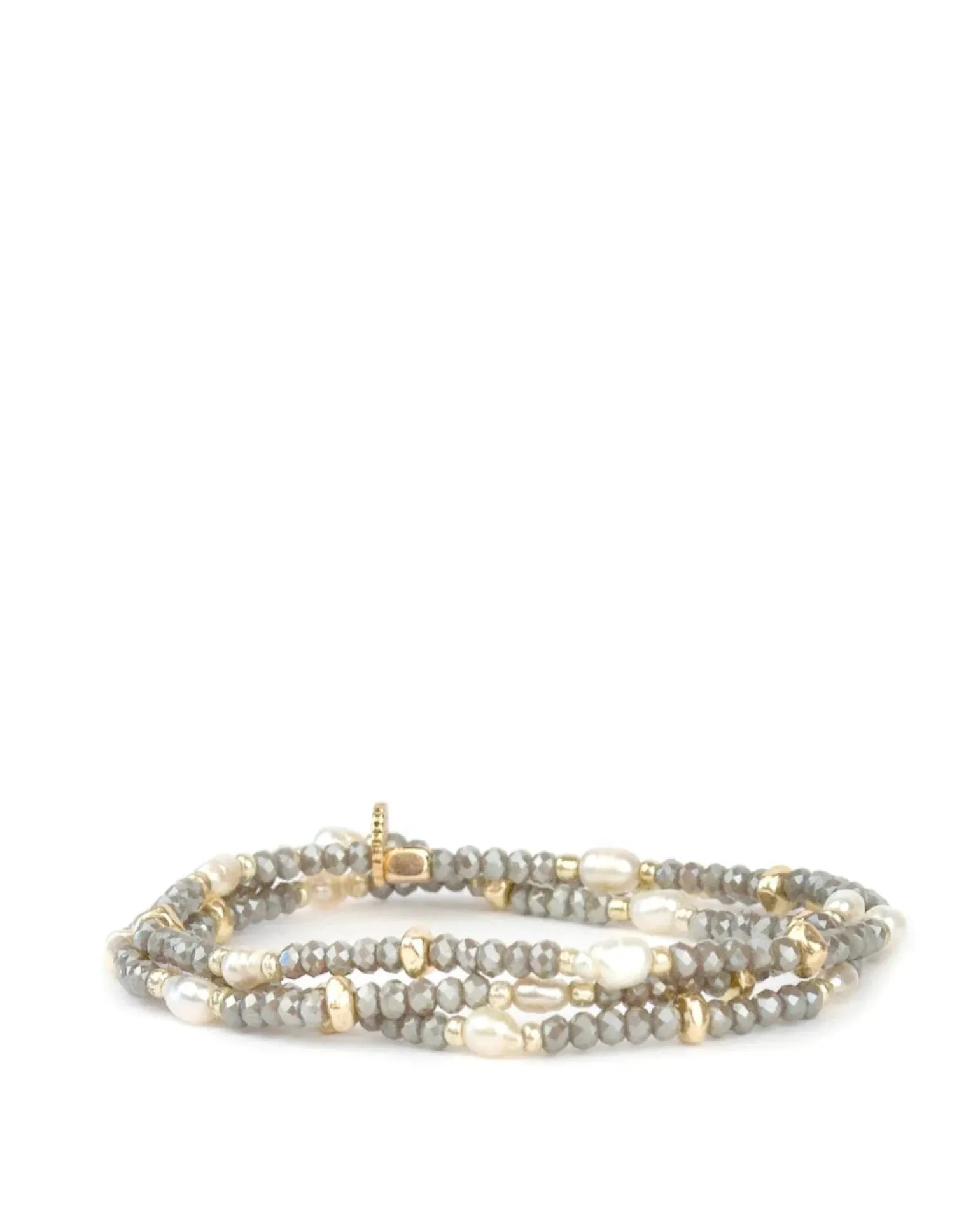 Crystal Beaded Pearl Stretch Bracelet Gold/Grey