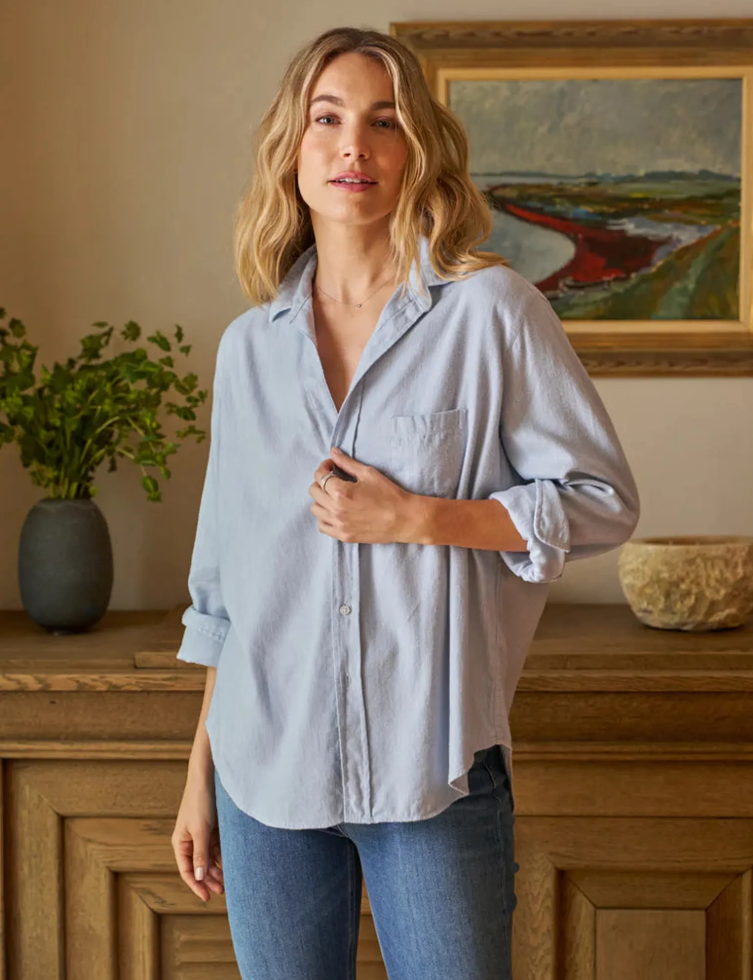 Eileen Relaxed Button Up Gray Blue
