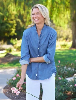 Eileen Ruffle Relaxed Button-Up Shirt Vintage Stonewashed Indigo