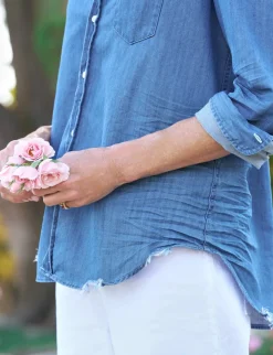 Eileen Ruffle Relaxed Button-Up Shirt Vintage Stonewashed Indigo