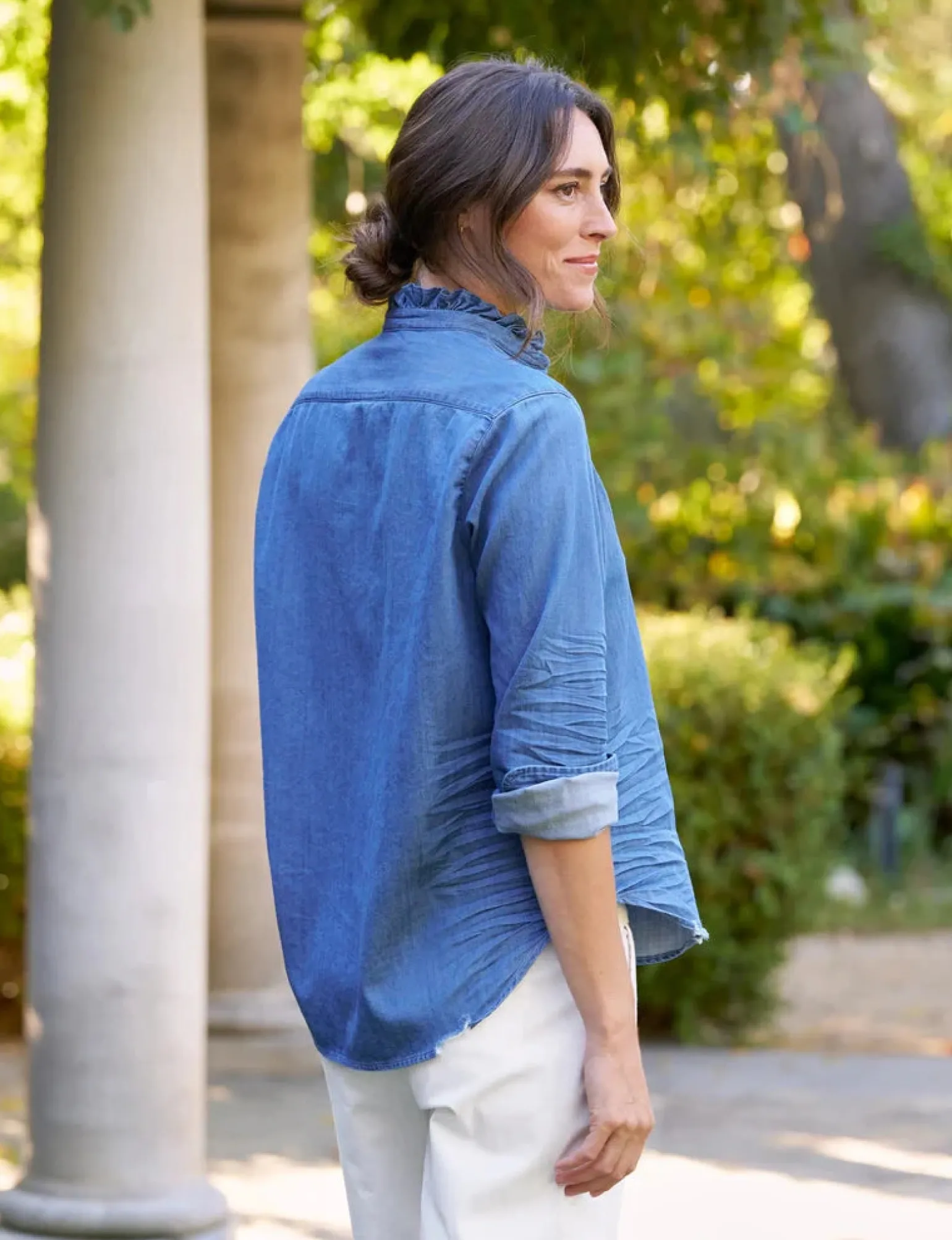 Eileen Ruffle Relaxed Button-Up Shirt Vintage Stonewashed Indigo