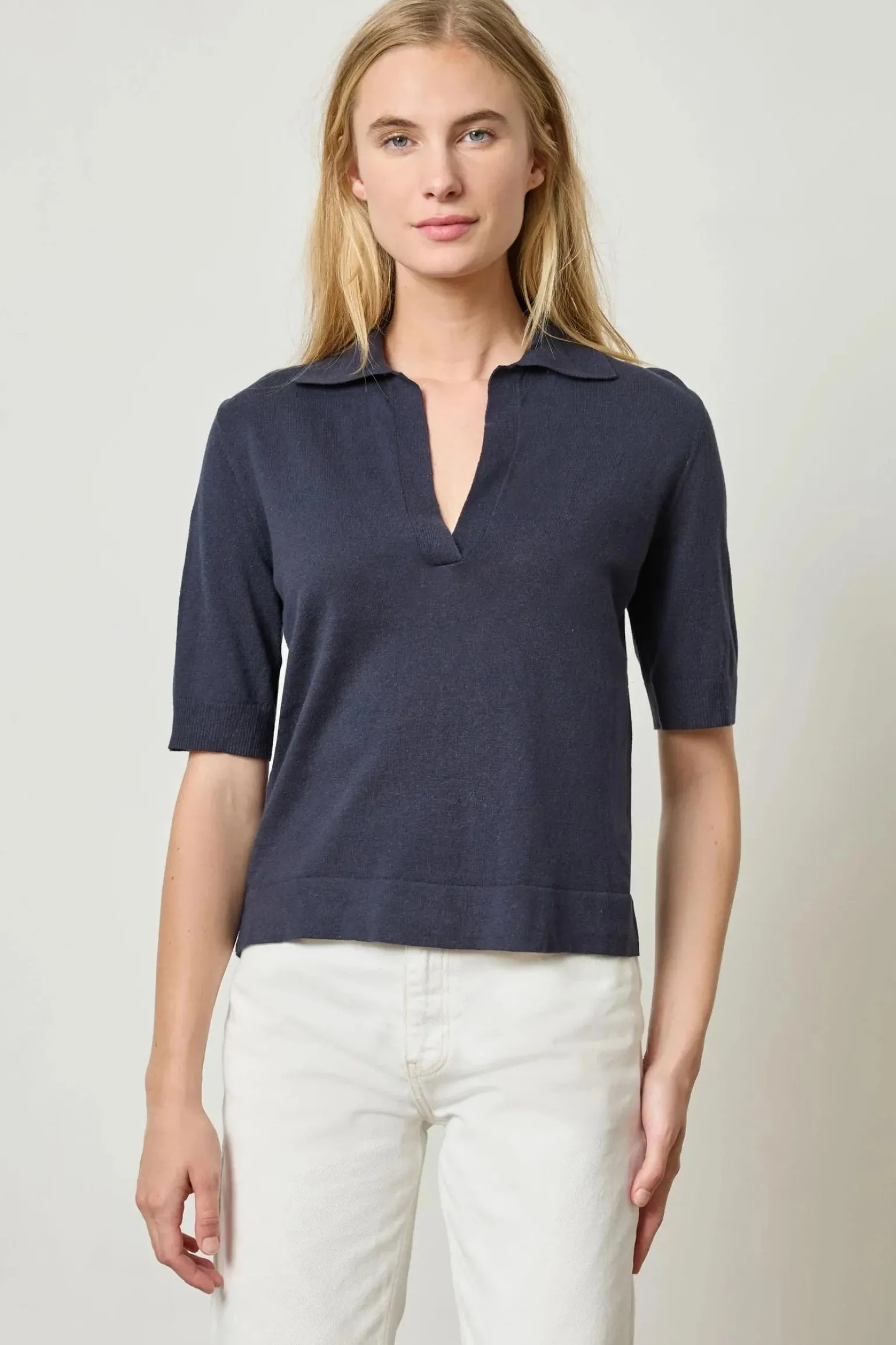 Elbow Sleeve Polo Sweater Navy