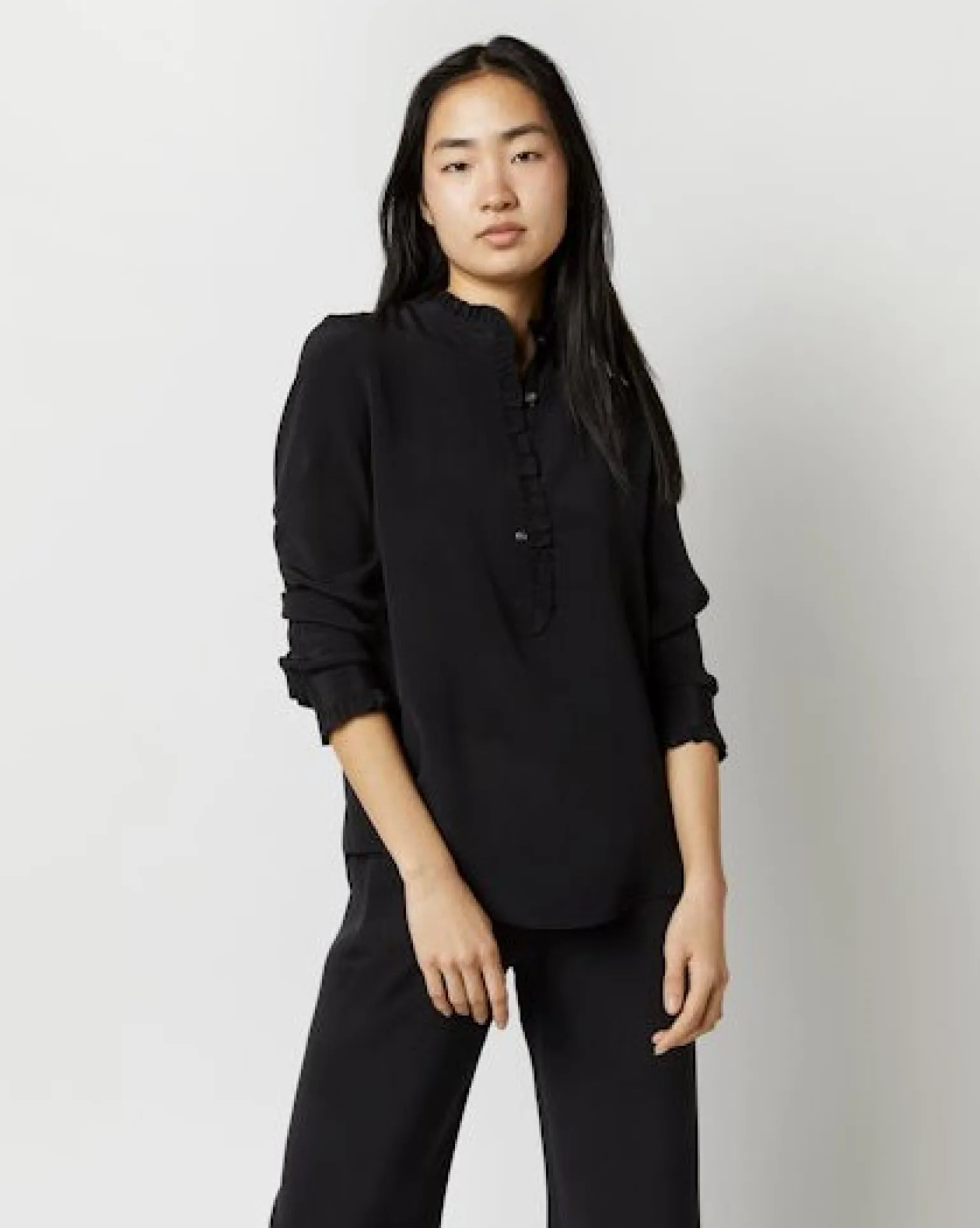 Frill Blouse Black Silk Crepe de Chine