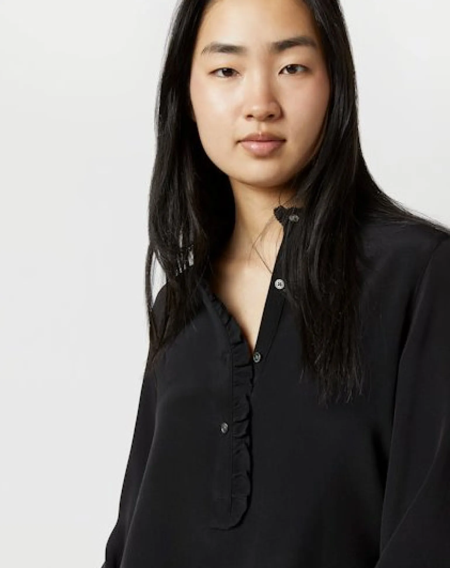 Frill Blouse Black Silk Crepe de Chine