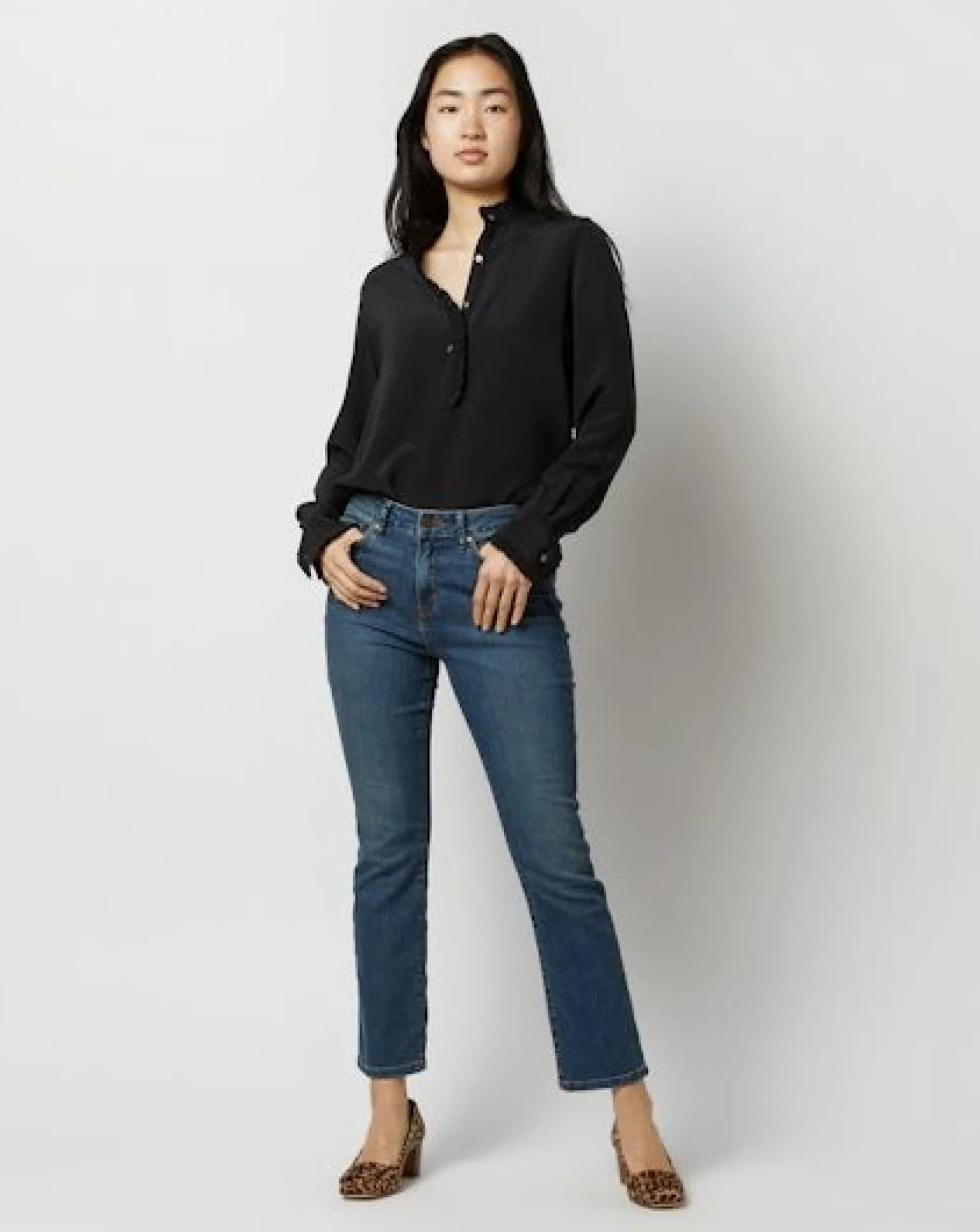 Frill Blouse Black Silk Crepe de Chine