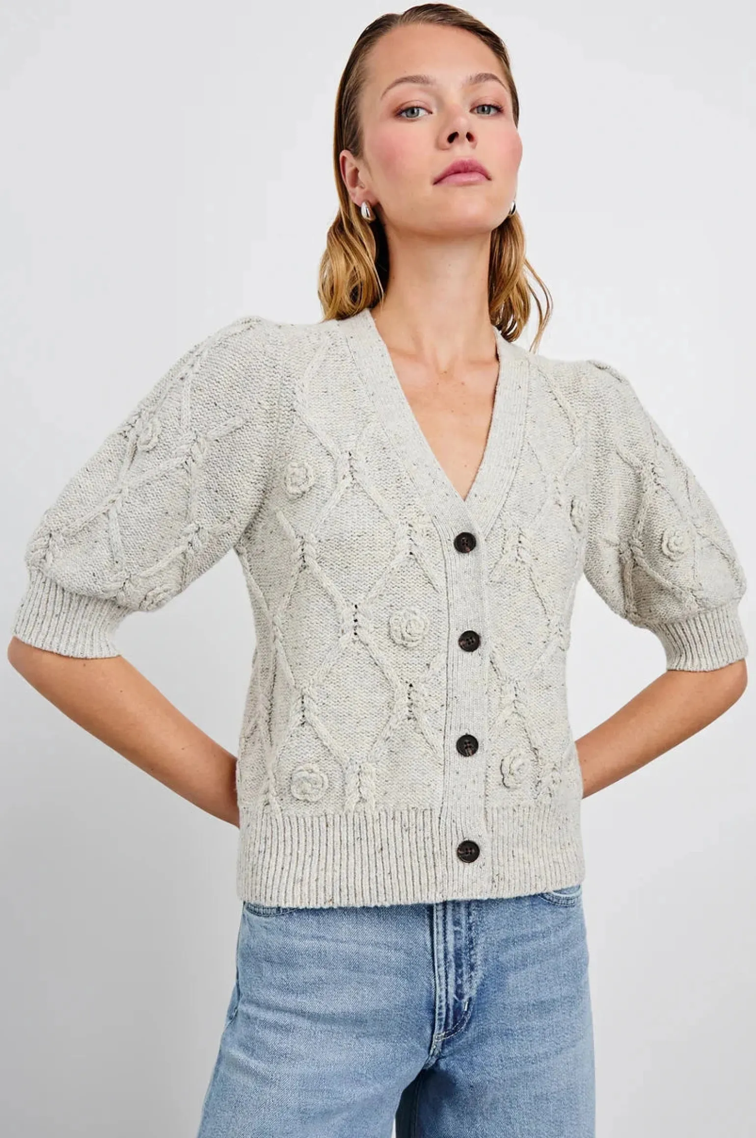 Isla Cardigan Grey Crochet Daisies