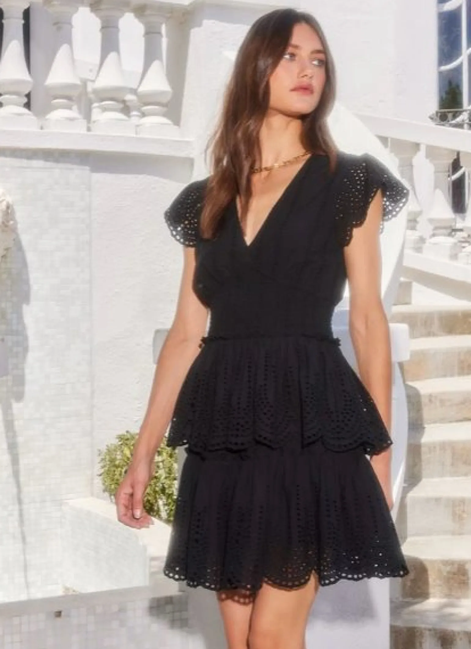 Isla Embroidered Tiered Dress Black