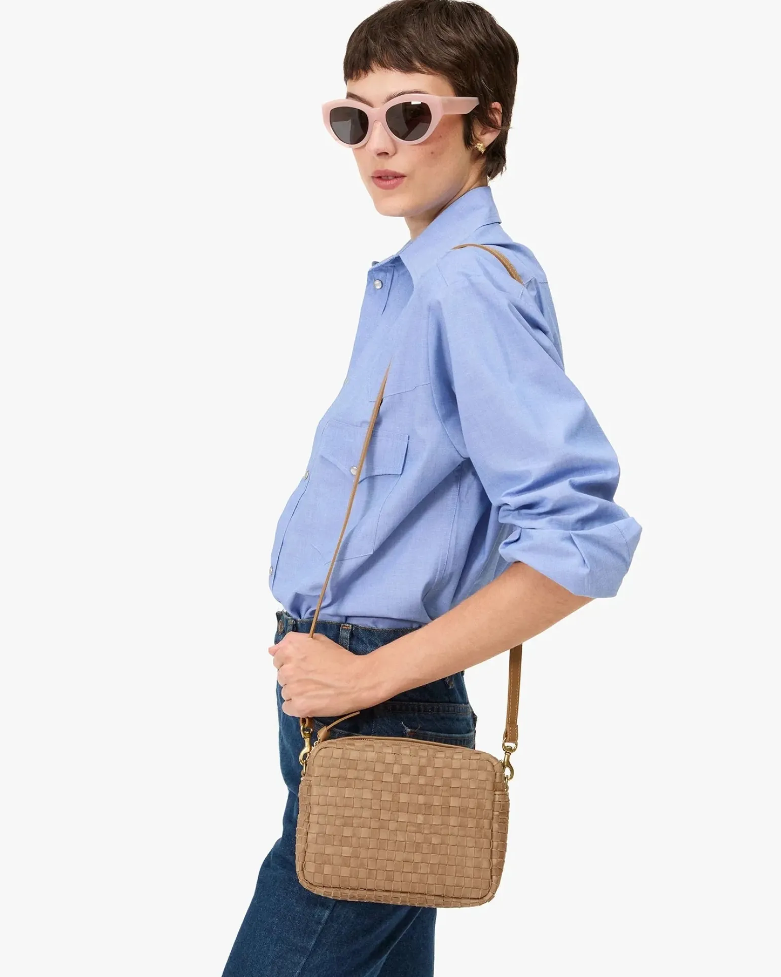 Midi Sac Leather & Suede Woven Checker Clay