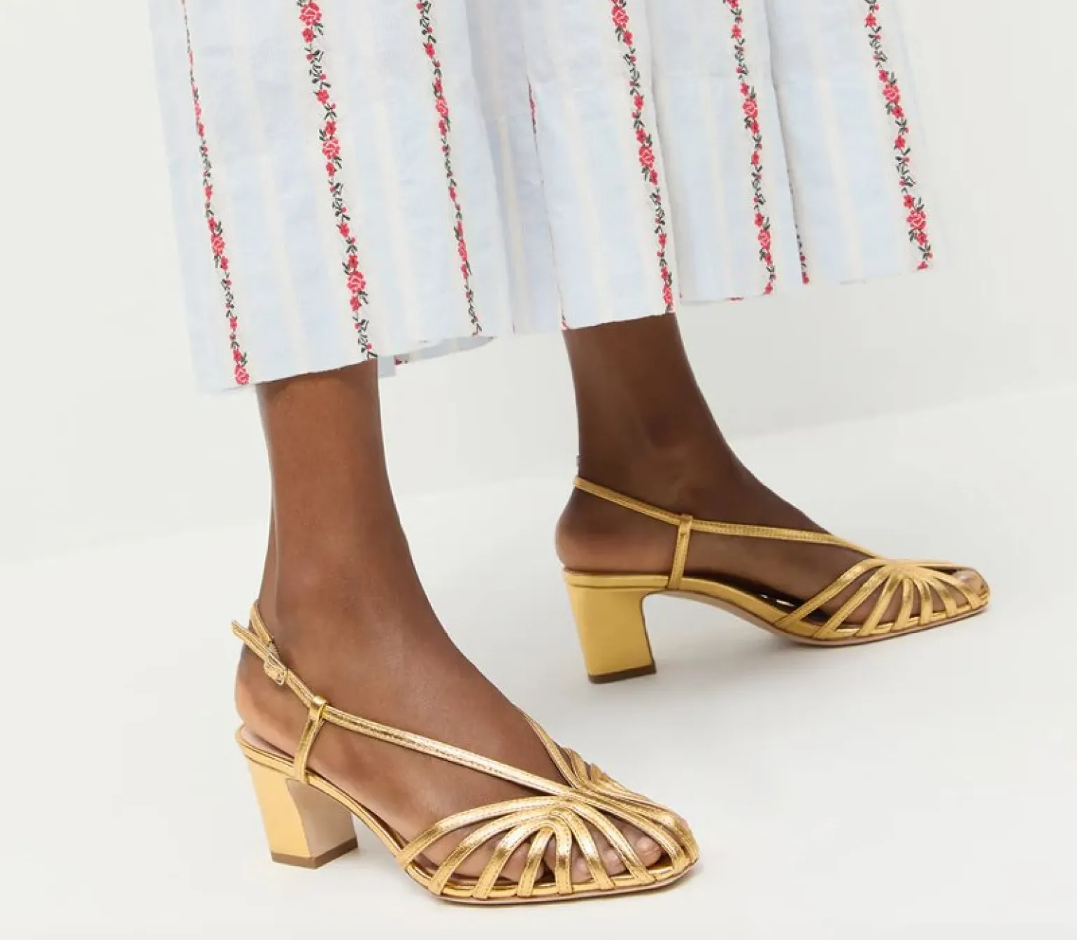 Priscilla Lattice Slingback Mid Heel Sandal Gold