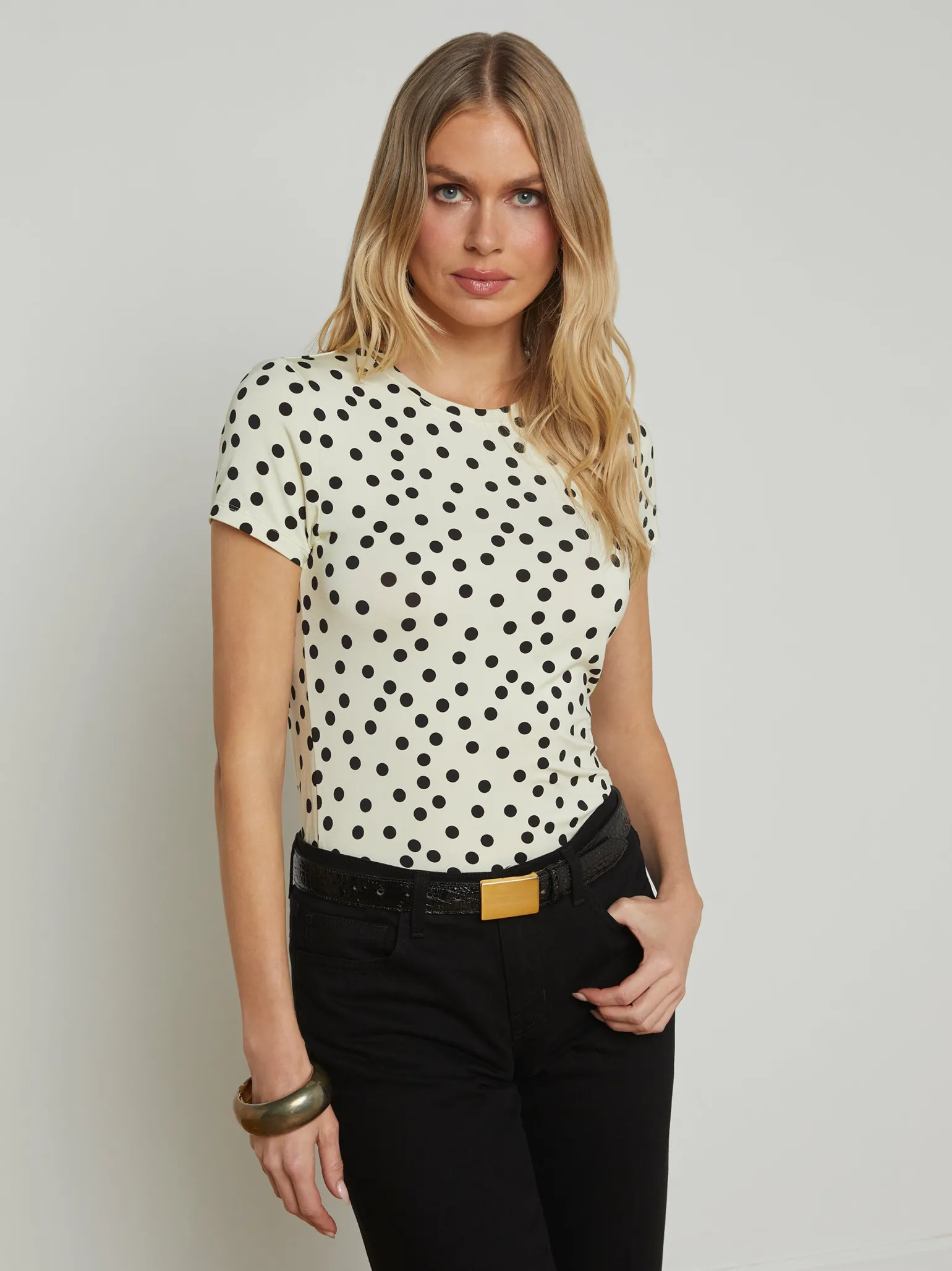 Ressi Short Sleeve Crew Ecru/Black Polka Dot