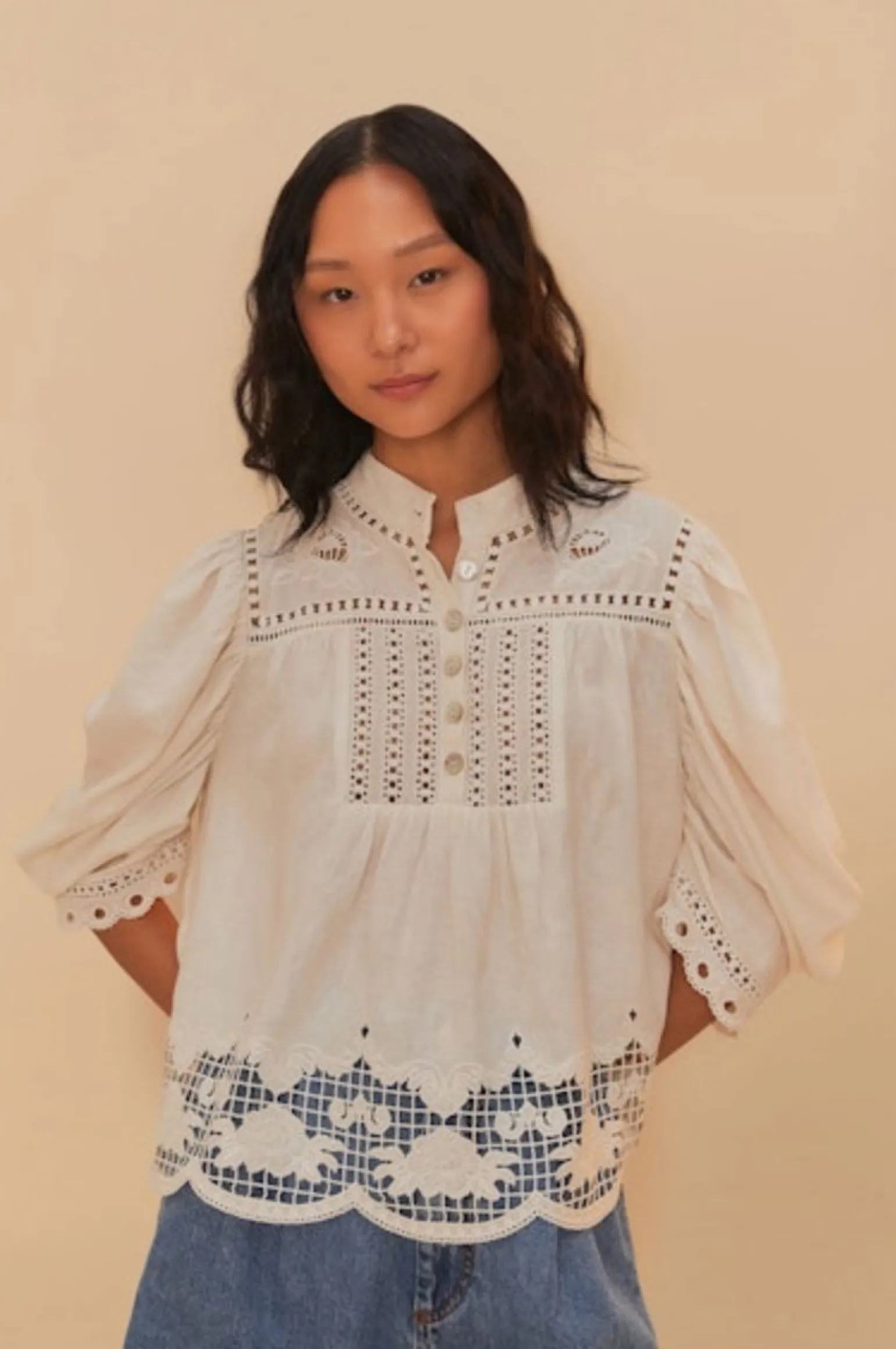 Romantic Richelieu Short Sleeve Blouse Off-White