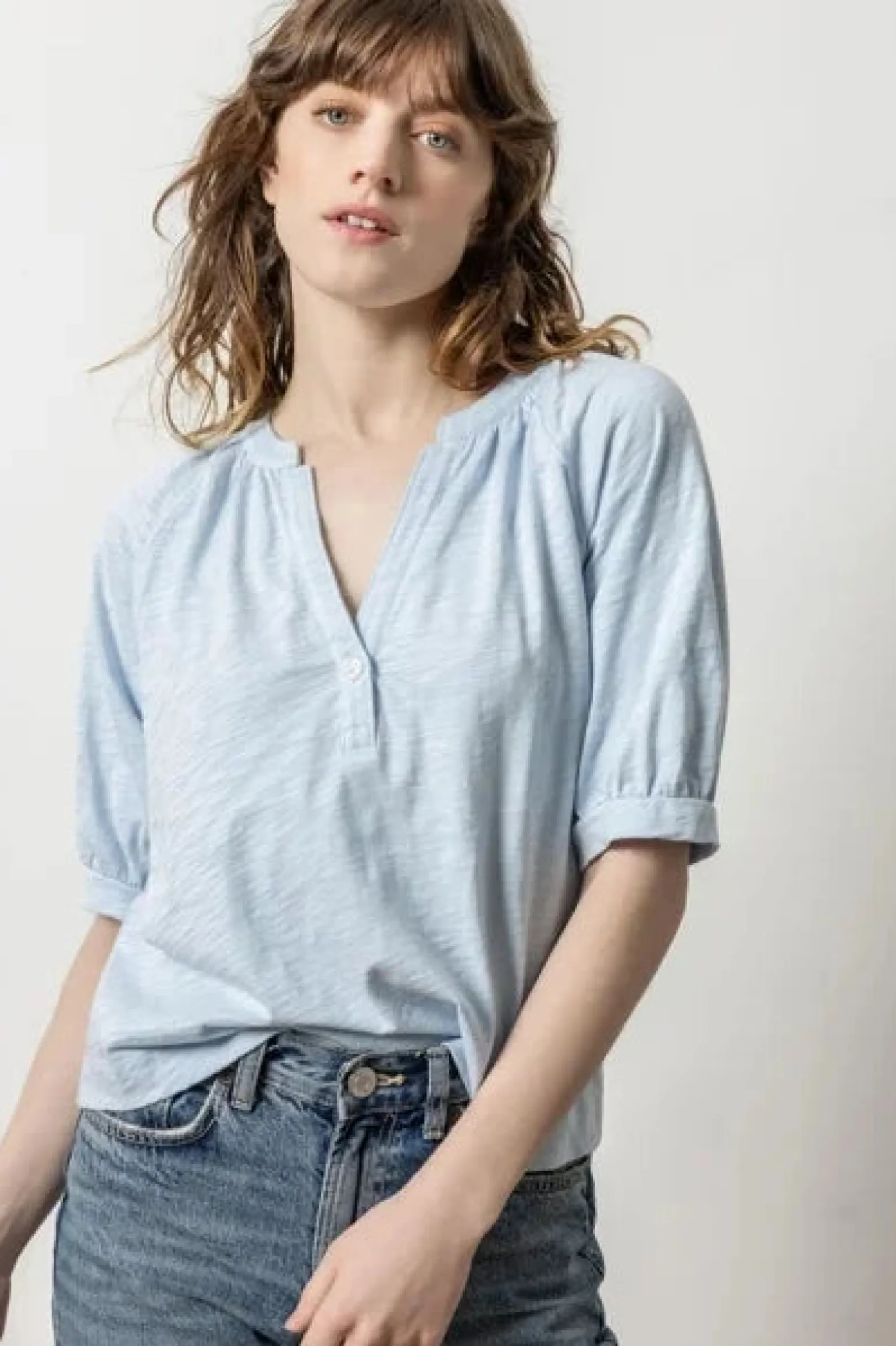 Shirred Split Neck Raglan Glass
