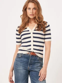 Short Sleeve Rib Knit Striped Cardigan Ivory