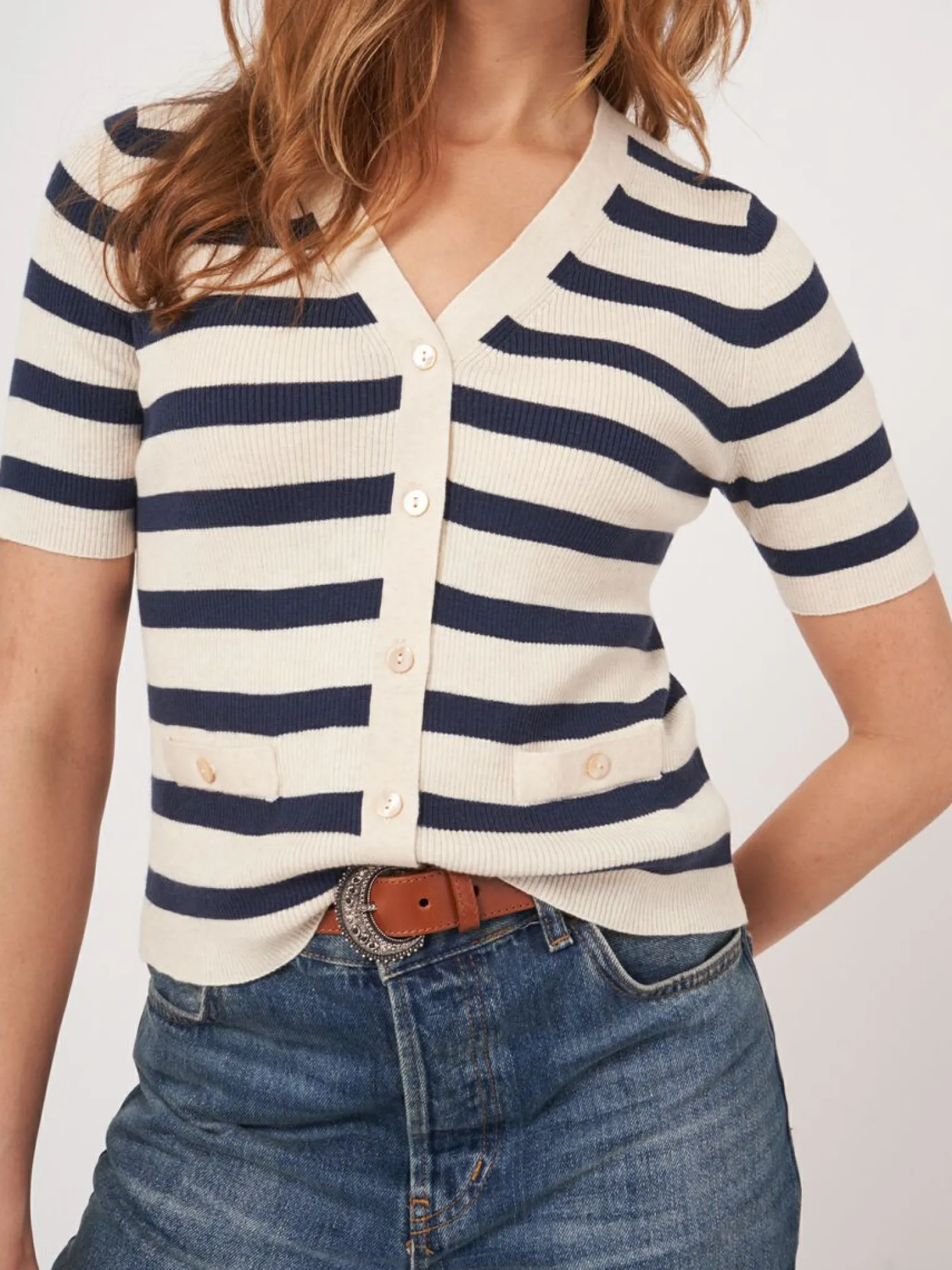 Short Sleeve Rib Knit Striped Cardigan Ivory