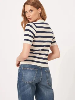 Short Sleeve Rib Knit Striped Cardigan Ivory