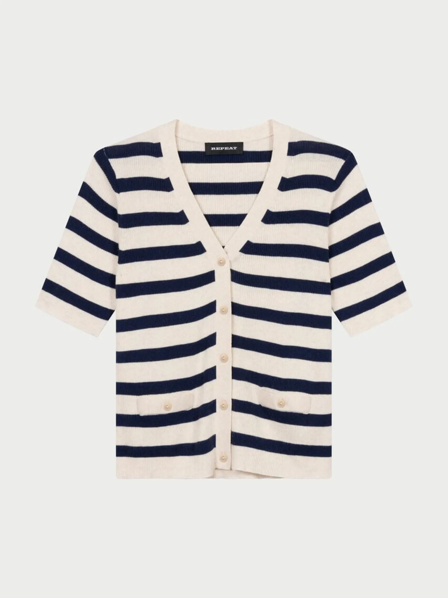 Short Sleeve Rib Knit Striped Cardigan Ivory