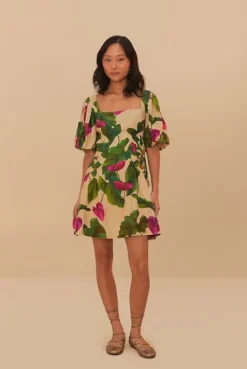 Short Sleeve Square Neckline Dress Anthurium Leaves & Sand