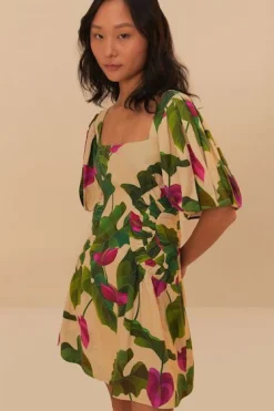 Short Sleeve Square Neckline Dress Anthurium Leaves & Sand