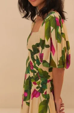 Short Sleeve Square Neckline Dress Anthurium Leaves & Sand
