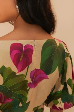 Short Sleeve Square Neckline Dress Anthurium Leaves & Sand