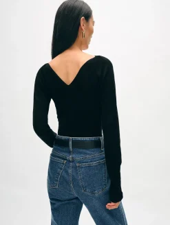 Superfine Merino Ribbed V-Neck Top Black