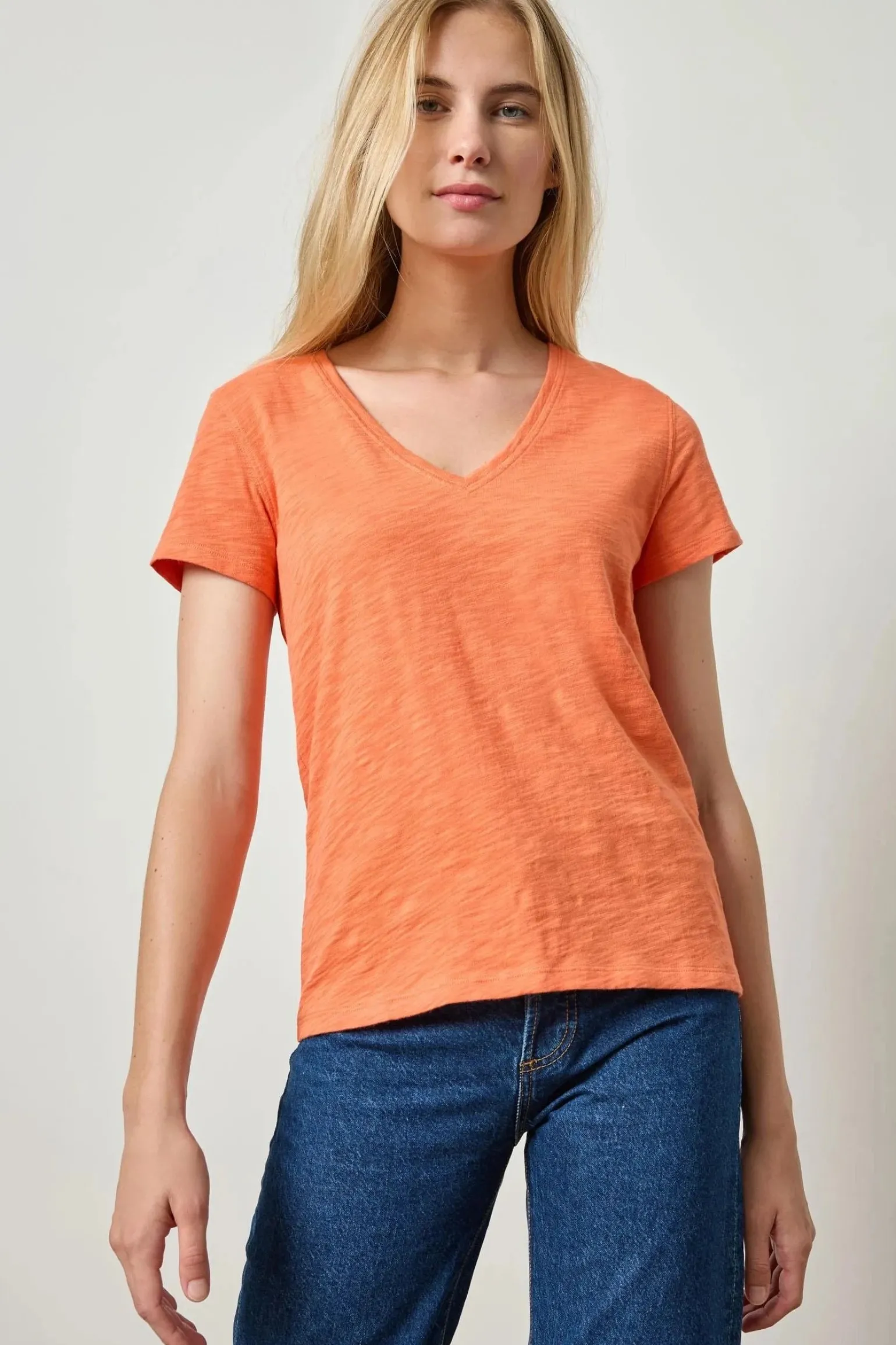 V-Neck Short Sleeve Back Seam Tee Tangerine