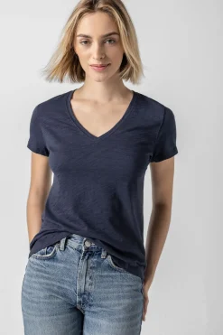 V-Neck Short Sleeve Back Seam Tee Navy